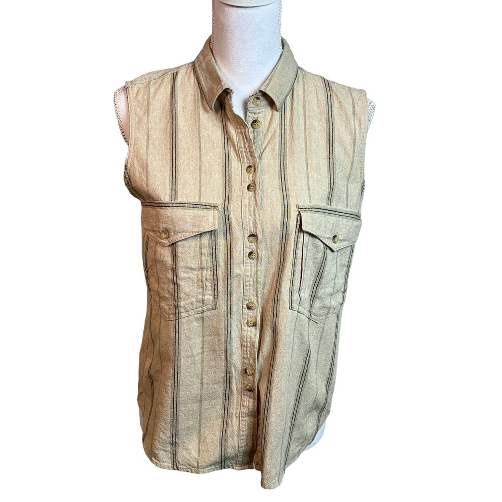Hunters Run Tank Top Blouse Women's M Stripes Button Up Tan 100% Cotton VTG